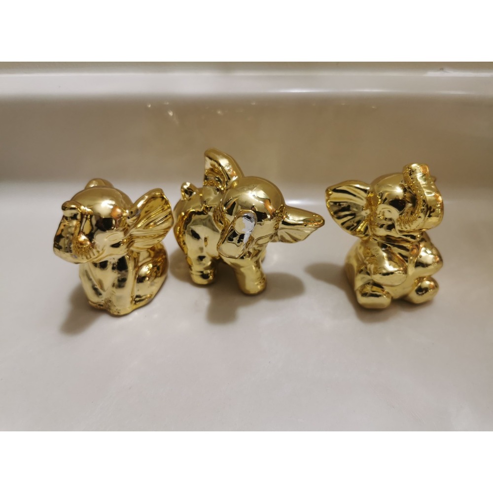 Vtg 3 Gold Fine Ceramic Elephant Figurine Hand Crafted/ Painted 2.5" Tall Each